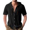 PRIVIMIX Camicia da Uomo Manica Corta con Cappuccio Collo Spiaggia Bottoni Lino Cotone Regolare Shirt Camicie Estive Nero XL