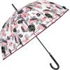 PERLETTI Ombrello Trasparente Antivento Donna - Ombrello Pioggia Automatico Lungo a Cupola Colorato - Resistente Grande Ragazza con Foglie Bicolore - Diametro 89 cm (Foglie Rosa e Nere)