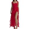 LIUPONHU Women's Summer Sexy Double High Slit Deep V Neck Plus Dresses，Sexy Backless Satin Cocktail Slit Maxi Dress (Red, L)