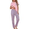 Litherday Pigiama Donna Estivo Due Pezzi in Cotone Morbido con Maglietta Girocollo Manica Corta e Pantaloni Lunghi a Quadri Rosa +Motivo a Quadri M