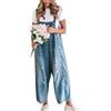 chouyatou Tuta da donna con bretelle regolabili in denim con bretelle larghe e effetto invecchiato