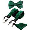 Alizeal Mens regolabile regolabile Paisley floreale Paisley auto-legata Bow Tie, Pocket Square e Elastic Y Shape 6 Clips Braces Set, verde scuro