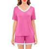 Sopesil Pigiama Donna Estivo in Modal Set Pigiama 2 Pezzi con Maniche Corte Scollo a V e Pizzo Tinta Unica Morbido Rosso Rosa,L