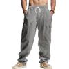 PADOLA Pantaloni Uomo Cotone Lino Cargo Spiaggia Tasca Multipla Vita Regolabile Coulisse Casual Chino Lungo Estivo per Mare e Viaggio(3XL,Grigio Scuro)