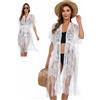 ZCJ Bikini Cover Up Vestito da spiaggia da donna con motivo forato e frange, kimono in pizzo con elastico in vita, tunica da spiaggia traspirante per estate, spiaggia e vacanze, bianco, taglia unica