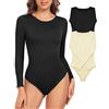 Lonya Body Donna Maniche Lunghe Casuale Girocollo Intimo Bodysuits Elegante Elastico Jumpsuits Tops 2PC Nero+Beige,L