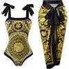 Cerdexon Costume Intero da Donna con Copricostume da Spiaggia con Gonna Avvolgente Sarong retrò Stampa Floreale Set Bikini, Oro e Nero., L