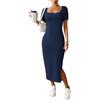 CFLONGE Abiti casual da donna 2025 estate a costine manica corta aderente maxi abito lungo in maglia con spacco laterale scollo quadrato