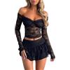 Yancremio Elegante Top Monospalla in Tulle Di Pizzo Da Donna E Gonna A Torta 2 Pezzi Set Minigonna Y2K Sexy Hot Slim Chic Set Per Feste E Vacanze (Nero,M)