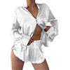 Famulily - Set di pigiami da donna in raso, a maniche lunghe, con camicia e pantaloncini, set da salotto con bottoni per il sonno, bianco, L