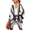breezy lane Maglione poncho da donna a quadri avvolgente oversize aperto davanti lavorato a maglia mantello con nappe cardigan per autunno inverno vacanze, Beige Nero a quadri, Taglia unica