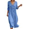 Generico Abito Lino Donna Abito Estivo a Maniche a 3/4 Boho Chic Abiti Vacanza Comodo Taglie Forti Vestito Lungo in Cotone Scollo a V Largo Vestiti da Spiaggia Tinta Unita Morbido e Traspiranti S-3XL