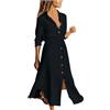 Generic Abito Lungo - Abito Camicia Donna Chemisier Lungo in Cotone Lino, Vestito Casual Monocolore con Bottoni Colletto Coulisse Vita, Estate Spiaggia Vacanza e Tempo Libero
