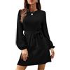 LIAMERHE Vestito Maglia Donna Elegante Manica Lunga Abito Girocollo Casual Vestiti Autunno Inverno Midi Vestito Linea A Moda Vestitino con Cintura Nero L