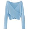 Generic Maglioncino donna stile vintage a vita alta corto senza pancia manica lunga scollo a v abito, Celeste., Taglia unica