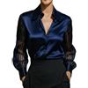 LIEROLYE Camicia da Donna in Pura Seta Camicetta in Raso di Lusso con Maniche Trasparenti for Uno Stile Versatile Che Riduce L'età(Navy Blue,L)