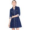 Allegra K Donne Denim Bottone Giù Colletto V-Collo Arrotolate Manica Camicia Vestito Profondo Blu XL