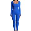Generic Tuta da yoga da donna, con scollo quadrato, a maniche lunghe, leggings a lunghezza intera, tuta aderente elasticizzata, tuta da donna, body a maniche lunghe, corpo intero, Blu, S