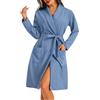 Lovasy Accappatoio Donna Cotone Nido d'Ape Vestaglia Leggera a Maniche Lunghe Kimono in Maglia Waffle Morbido Vestaglia Kimono con Colletto a Revers e Cintura,A-Blu,XL