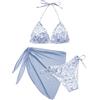 Vijamiy Costume Donna Tre Pezzi Costumi da Bagno Bikinis Set 3 Pezzi Bikini Mare Curvy Push Up Sexy Halter Beachwear con Supporto per Gonna(Azzurro e Bianco,XL)