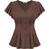 GRACE KARIN Top estivo da donna a maniche corte con scollo a V, con volant e punto smock plissettato, top per feste casual, Marrone, XXL