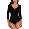 WOWENY Body a 3/4 Manica Donna Sexy con Scollo a V Bodysuit Elegante Camicia a Tre Quarti Slim Fit Top T-shirt Leotard, Nero , S