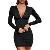 AOWVUTS Vestito Donna Sexy Maniche Lunghe Mini Abito Elegante da Sera Scollo a V Abito Aderente Casual Vestito Corto Nero Ruched Vestiti de Discoteca Cocktail Party Vestiti Tubino Autunno Inverno