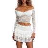 Yancremio Elegante Top Monospalla in Tulle Di Pizzo Da Donna E Gonna A Torta 2 Pezzi Set Minigonna Y2K Sexy Hot Slim Chic Set Per Feste E Vacanze (Bianco,L)