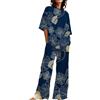 Generic Pigiama da donna alto 2 cotone lino set magliette oversize gamba dritta pantaloni plus size tuta donna manica lunga pigiama set, Marina Militare, 4XL