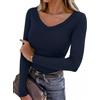 Aottori Maglietta Donna Scollo a V Maglia Maniche Lunghe Tops Leggero Slim Aderente Maglie Elasticizzato per Primavera Autunno Blu Scuro XL