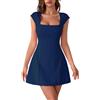 CPIDAH Abito Laurea Donna Tinta Unita, Vestito Mini con Scollo Squadrato E Maniche Corte, Gonna Ampia Canottiera Elegante per Cerimonia Fine Anno Blu M