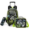 HTgroce Zaino Trolley Scuola Elementare Bambino Ragazzo con Ruote, Borsa da Viaggio e Borsa per Pranzo, Design Gamepad e Sportivo, Colore Game, Dimensioni 42x30x20 cm