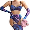 SNOMYRS Set di reggicalze da donna e calze autoreggenti in rete con stampa grafica stellata abiti rave, bikini lingerie sexy reggiseno e mutandine