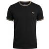 Fred Perry - T-shirt con due righe sui bordi, nero con finiture ecrù e caramello scuro, M