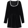 Generisch Elegante abito da donna in velluto con scollo decorato - Mini abito a maniche lunghe in classica linea ad A | Il piccolo nero per feste e occasioni festive