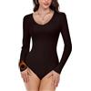 WOWENY Body termico da donna, a maniche lunghe, con scollo a V, in micro pile, elegante, a maniche lunghe, caldo, confortevole, per autunno e inverno, Nero , L