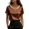 Generic Top da Festa per Donna UK Camicie in Seta e Satin con Scollo a V Estive Camicette Eleganti da Donna con Perline Casual Camicette Allentate T-Shirt per Ufficio Lavoro Pullover da Sera per Uscire