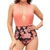 SHEKINI Donna Costume da Bagno Intero Profondo Scollo a V Halter Regolabili Beachwear Slim Backless Monokini Costumi Spiaggia, Rosa Corallo/Floreale Stampato, XL