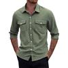 Generic Camicia da uomo a maniche lunghe, senza stiratura, elasticizzata, per il tempo libero, con bottoni, in cotone, a doppia tasca, con colletto a risvolto, in tinta unita, in lino, leggera, verde militare