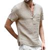 Remxi Uomo Camicie di Lino Solid Shirts Manica Corta Casual Henley Shirt Cachi XXL