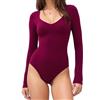 WOWENY Body da donna a maniche corte, a maniche lunghe, con scollo a V, sexy, da donna, sottile, elegante, Manica lunga rosso vino, S
