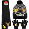 Pokémon Set Invernale Bambino 2 Pz con Cappello e Guanti o 3 con Cappello Guanti Invernali e Sciarpa, Pikachu Regalo Bambini (4-12 Anni, Nero, 3 Pcs)