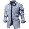 Generic Camicia da uomo in denim a doppia tasca con bottoni a pressione camicia da uomo in jeans a maniche lunghe camicia in denim per uomo, Blu, XL