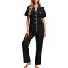Generisch Set di due pezzi, da donna, morbido, comodo, pigiama, leggero, per il tempo libero, a maniche corte e pantaloni lunghi, basic tinta unita, vestibilità comoda, O nero., M