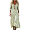 Generico Abito Donna Maxi in Misto Lino Cotone Stile Bohemien Scollo a V Maniche 3/4 Vestito Lungo Estivo Casual Frescoper Spiaggia Vacanze e Taglie Forti
