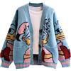 Leyoutx Cardigan lavorato a maglia da donna con ricamo a maglia a maglia con motivo di anatra in stile cartone animato con bottoni, Blu, XL