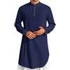 RUMAOZIA Caftano, camicia da uomo in cotone e lino, elegante, a maniche lunghe, tinta unita, lunga, in lino, casual, vestibilità normale, estiva, musulmana, da notte, Blu marino, XXL