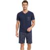 BEGIANT Pigiama da uomo con scollo a V, maglietta a maniche corte e pantaloncini a quadri, con tasche, abbigliamento da notte morbido da uomo, abbigliamento estivo per il tempo libero, blu navy, L