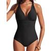 Hanna Nikole Costume Intero Nero da Donna con Scollo a V, Volant, Vita Alta ed Effetto Push-up