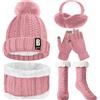 WEASIC Set Cappello E Sciarpa Da Donna Calze Termiche Sciarpa Invernale E Guanti, Cappello E Guanti Da Donna Cappello Invernale in Maglia Con Sciarpa Touchscreen- Rosa
